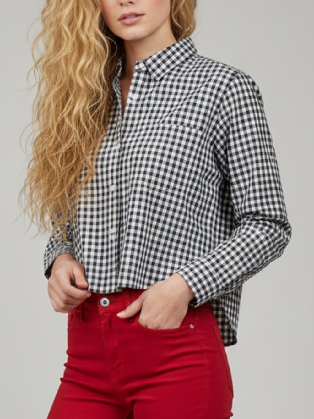 American Eagle Outfitters Black & White Gingham Button-Down Shirt Cropped